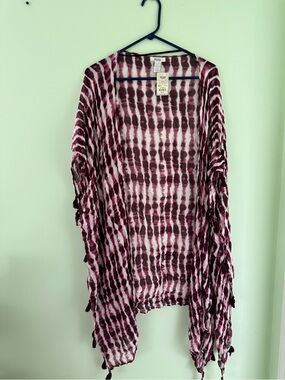 Mudd Tie-Dye Open Front Kimono Cardigan - Burgundy & White